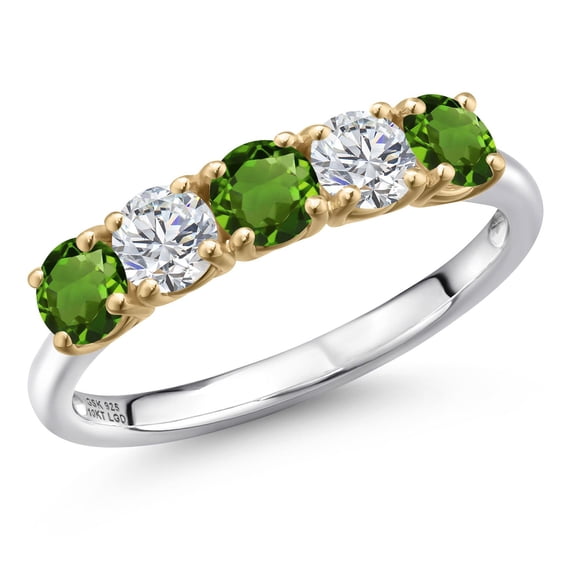 Gem Stone King 925 Silver and 10K Yellow Gold Green Tourmaline and Lab Grown Diamond Wedding-Bands Ring for Women | 1.29 Cttw | Round 4MM | Gemstone October Birthstone | Size 6