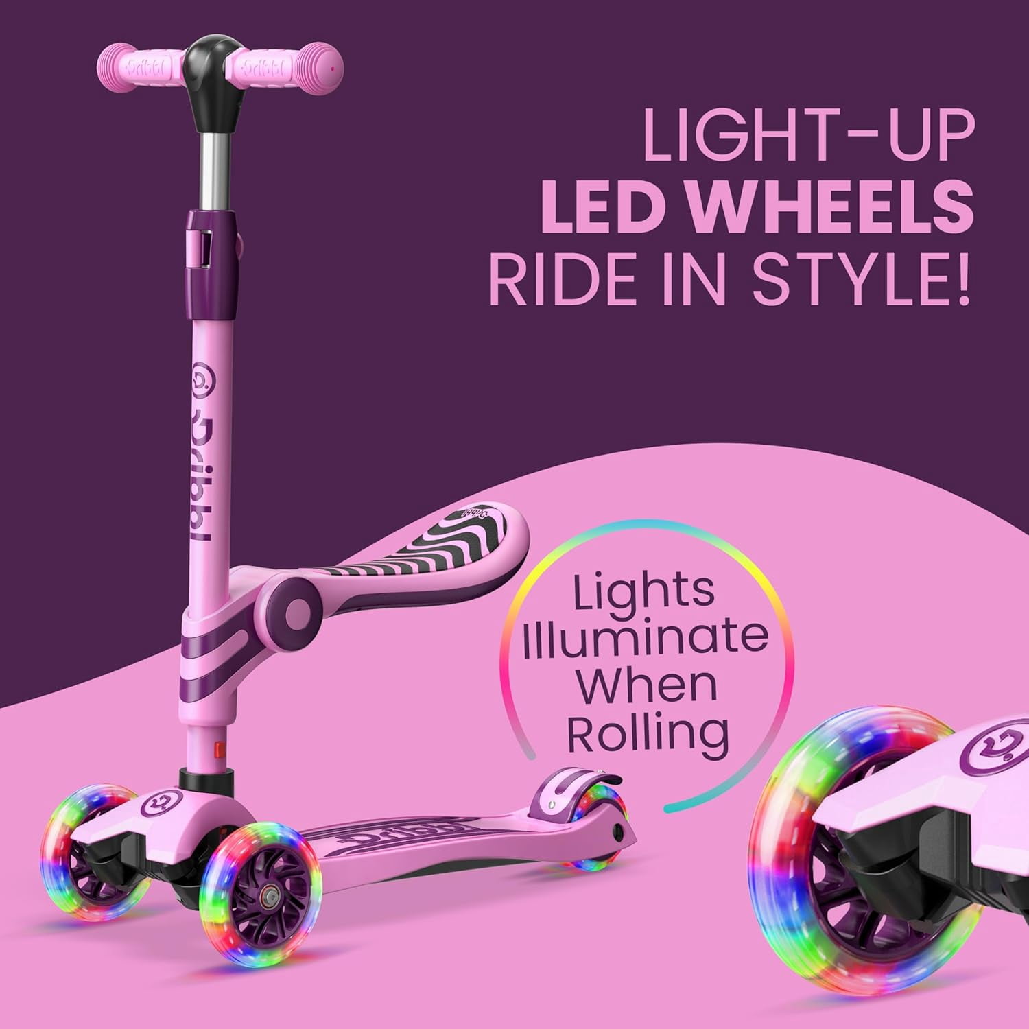 Dribbl 3-Wheel Kids Scooter with Seat, Light-Up Wheels, Adjustable Handlebar, Wide Deck & Rear Brake, Ages 2+