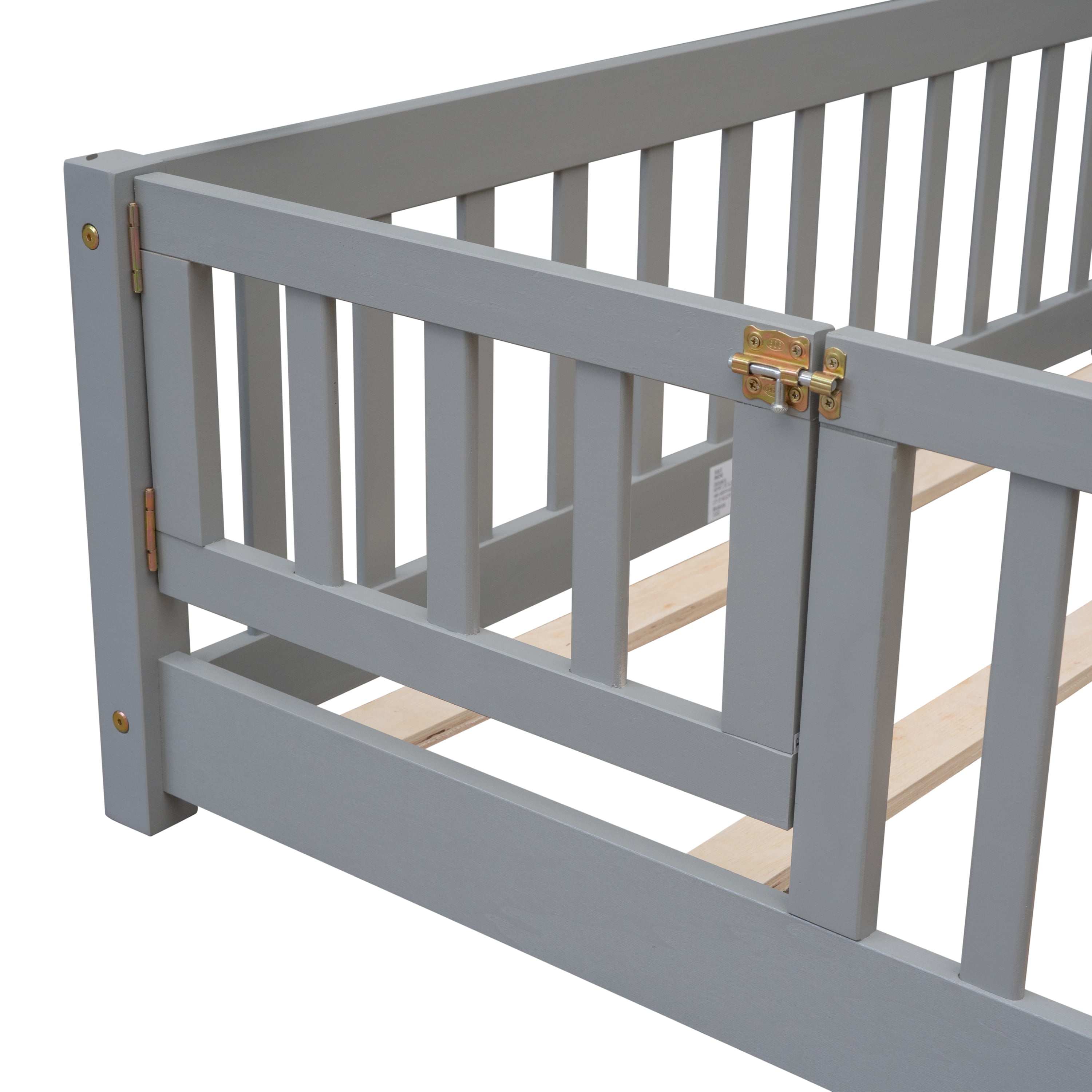 Miniyam Full Kids Floor Bed with Fence Door, Montessori Wood Platform Bed Frame with Slats, Gray