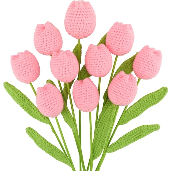Dalrosia 10PCS Crochet Tulips Flowers Artificial Flowers Bouquet Handmade Knitted Tulip Bouquets with Leave and Long Stem for Home Centerpieces Decor Valentine's Day Wedding Anniversary