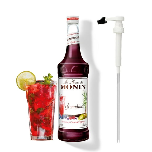 Monin Grenadine Flavouring Syrup, 25.4 fl oz (750ml) Glass Bottle with Absol White Pump
