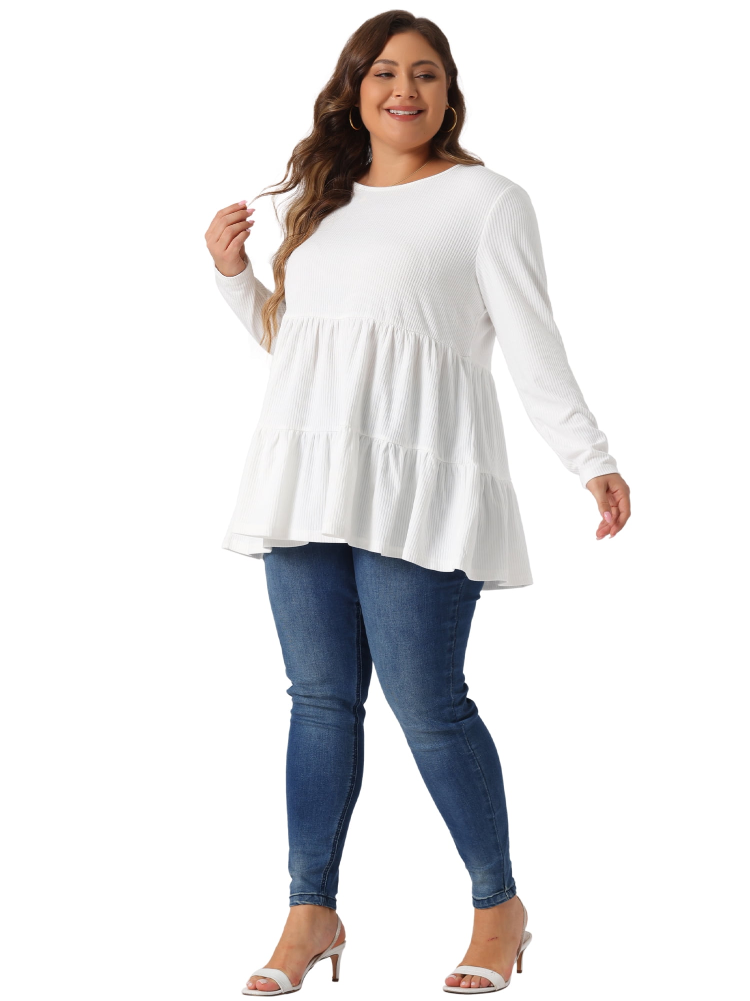 DARING DIVA Women's Plus Babydoll Crew Neck Casual Loose Peplum Tops 4X White