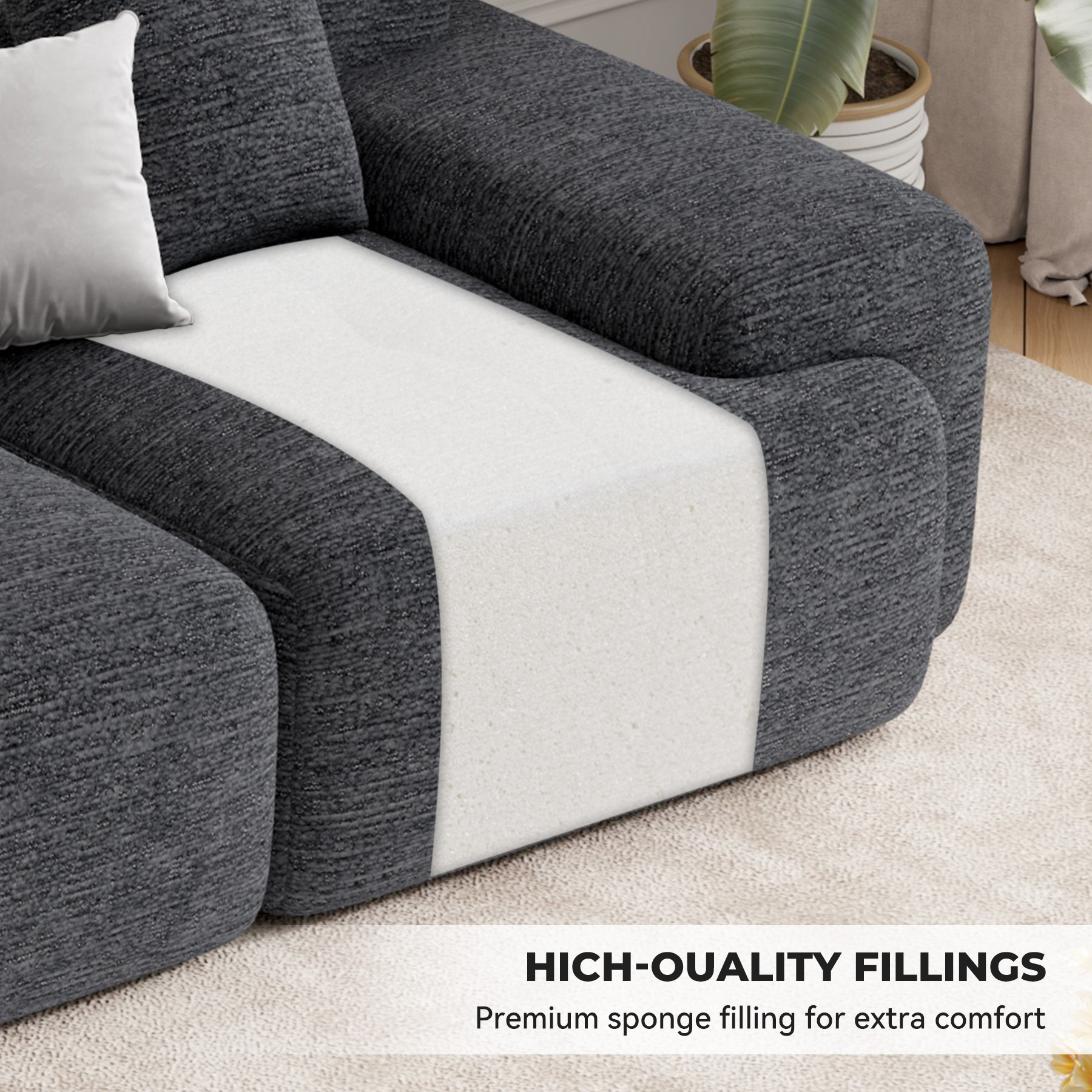 Daluvenix 122" Modern L Shaped Modular Sectional Sofa, Chenille Modular Cloud Couch for Living Room with Deep Seat, 4 Seater Convertible Cloud Couch Sofa Set, No Assembly Required, Black
