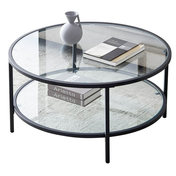 Glass Coffee Table Modern Round End With Large Storage Space Double Deck Side For Home Office Living Room Bedroom Lounge Com Glass Coffee Table Modern Round End, Large Round Coffee Table With Shelf