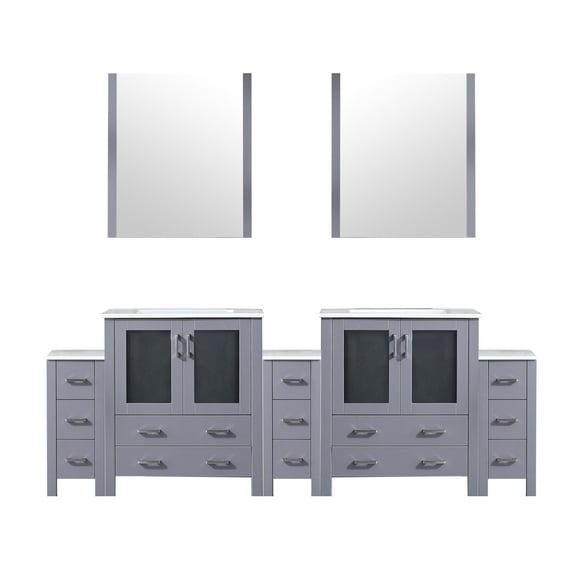 Harborfront 96 in W x 18.25 in D Dark Grey Double Bath Vanity with Side Cabinets, White Ceramic Tops and 28 in Mirrors