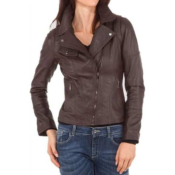 New Women's Leather Motorcycle Biker Brown Jacket 100% Genuine Soft Lambskin W117