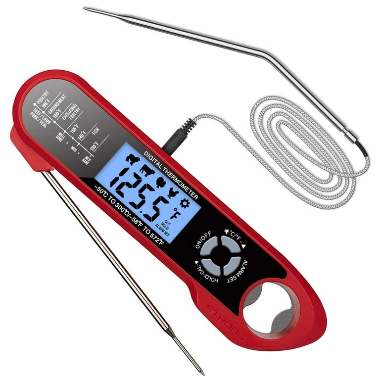 2 in 1 Dual Probe Instant Read Food Meat Thermometers for Kitchen Cooking Oven Grilling with Function Backlight Waterproof, Size: 16.5, Red