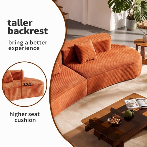 Howcool Boneless Cloud Couch 108.6", Curved Modular Compression Sofa, Deep Seat Corduroy Foam Couch, Sectional Floor Sofa in a Box, No Assembly, 4 Seater, Orange(Thick Sponge)