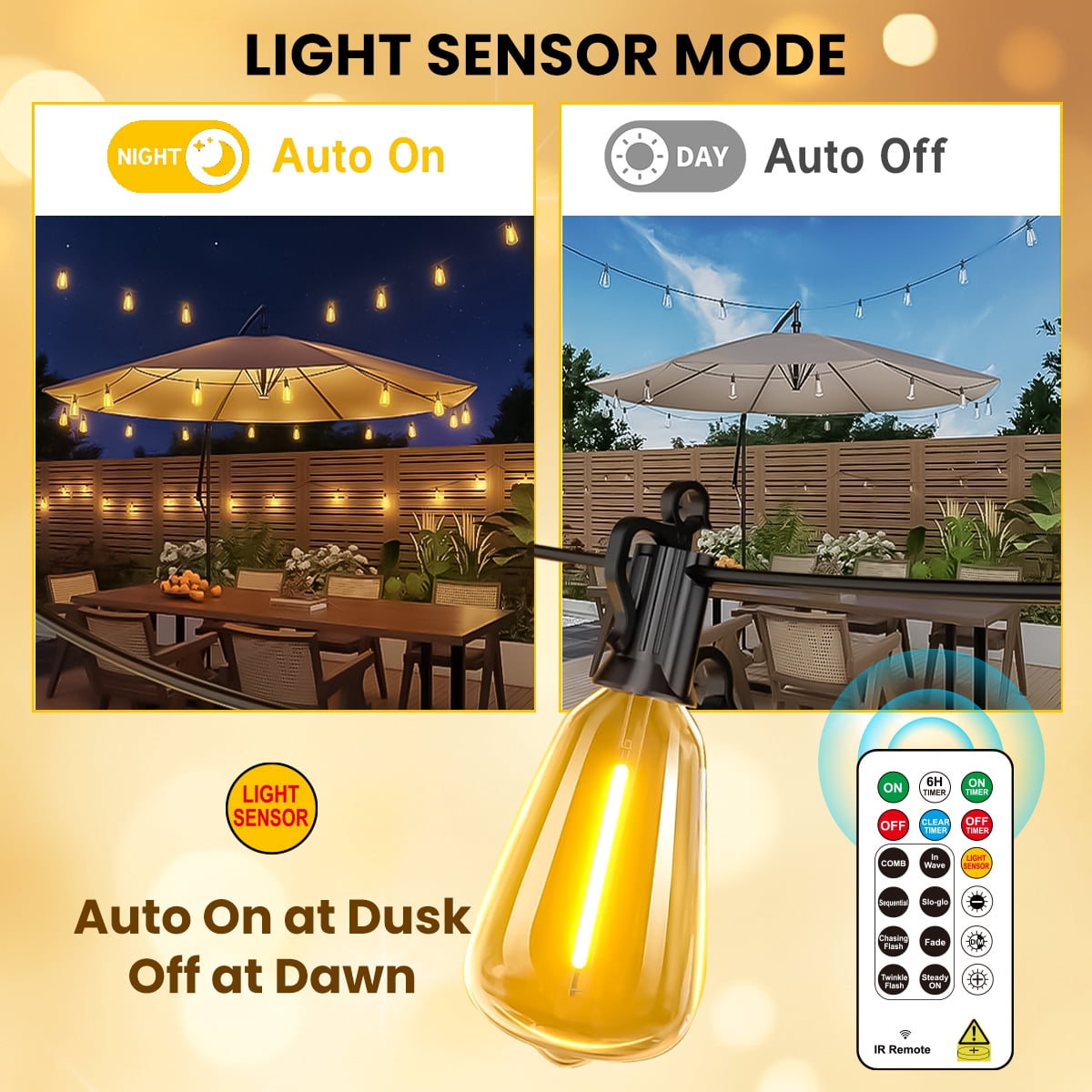 100+10FT LED Outdoor String Lights with Remote, Light Sensor Mode & DIY Timer, 32 Shatterproof ST38 Edison Bulbs, Waterproof & Weatherproof for Patios, Gardens, Energy-Saving, Connectable