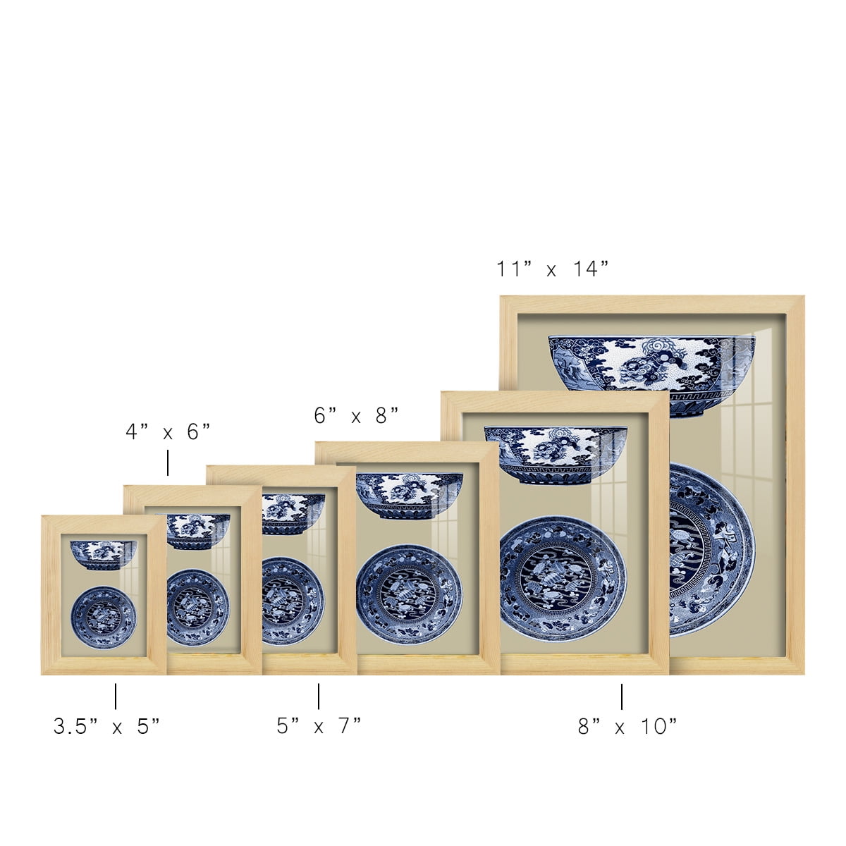 Porcelain in Blue and White I -Framed Print w/glass-Natural Wood