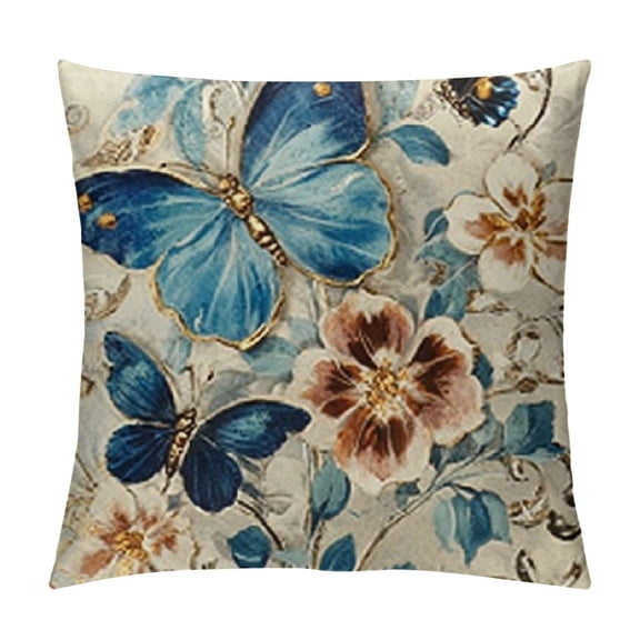 Patifu   Farmhouse Blue Flower Throw Pillow Covers   Orchid Butterfly  Floral Cushion Case for Couch Outdoor Sofa ,Living Room Bed Indoors Home Décor 12x12in