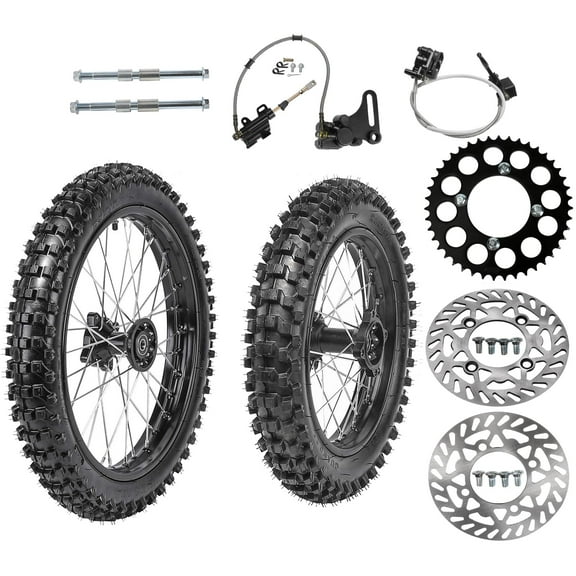 70/100-17 Front   90/100-14 Rear Wheels Tires and Rim Inner Tube 15mm Bearing Assembly   428 43T Sprocket   Hydraulic Brake Kit for Dirt Pit Bikes Taotao SSR Coolster 125cc 150cc CRF70 RM85