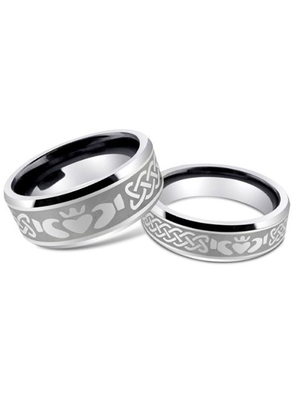 Men's and Ladies 8MM/6MM Tungsten Carbide Irish Claddagh Design Wedding Band Ring Set