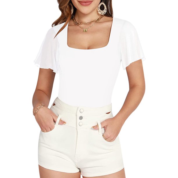 Xishao Body para mujer con cuello cuadrado y volantes de malla transparente, manga corta, ajuste delgado, blusa de cuerpo casual Xishao ropa