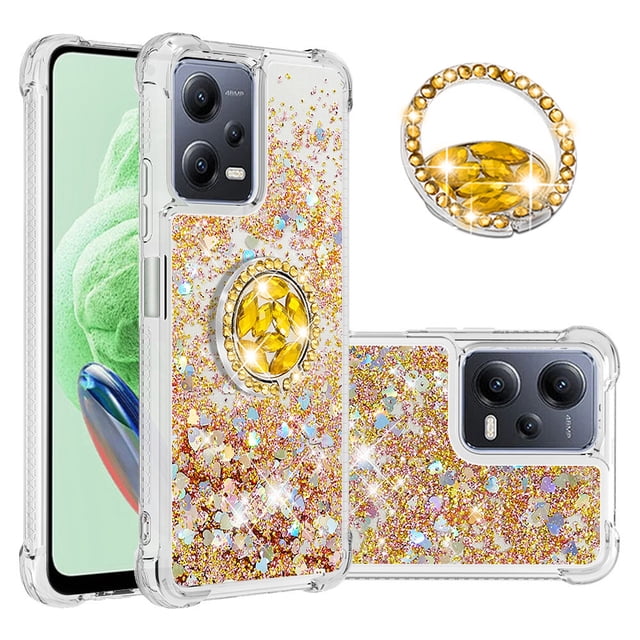 Funda para Xiaomi Redmi Note 12 5G con Brillo Líquido Flotante, Purpurina, Parachoques y Anillo Giratorio Soporte