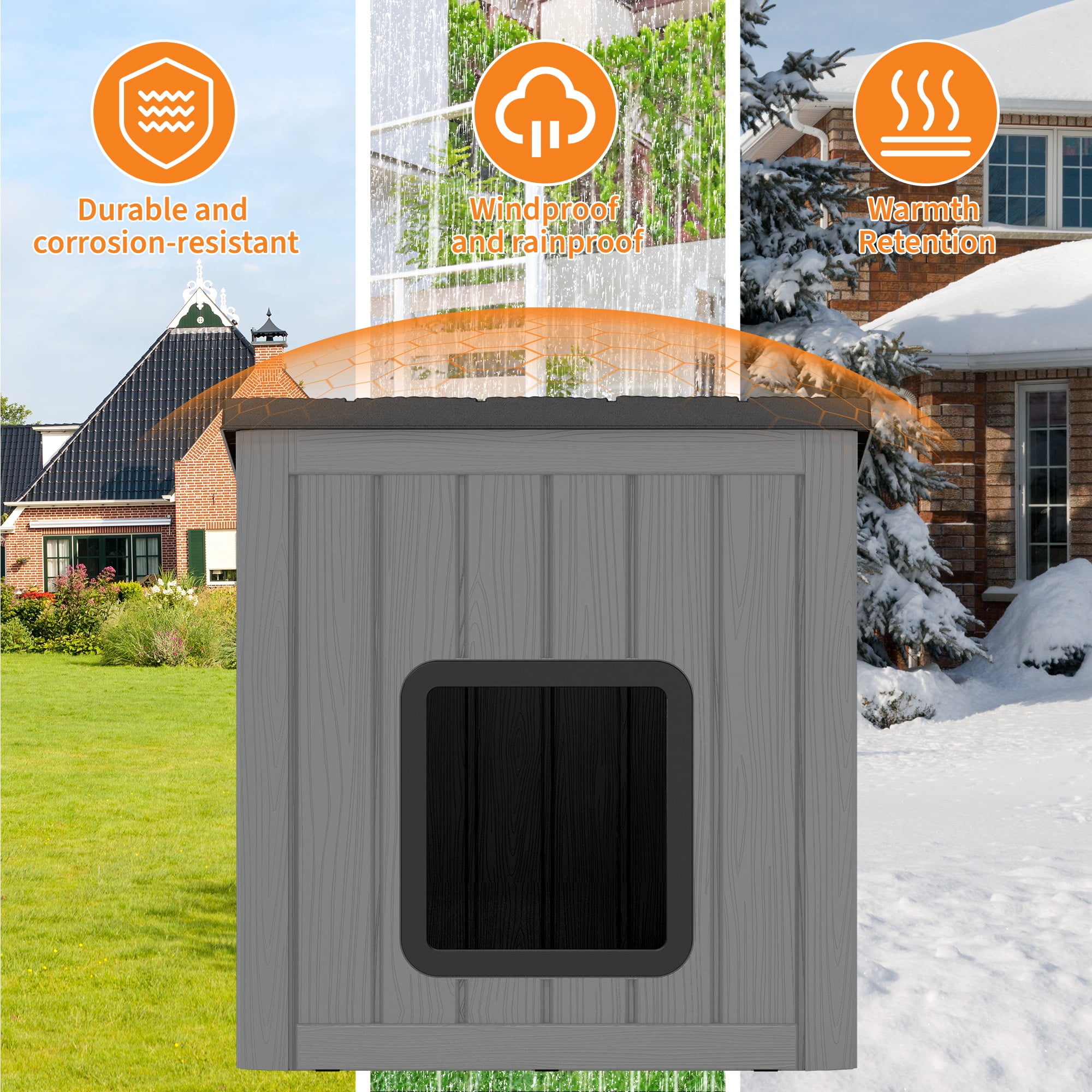 LHBcraft Outdoor Cat House,Durable Insulated PP Shelter for Feral Kittens,Weatherproof Shelter for Garden,Gray & Black