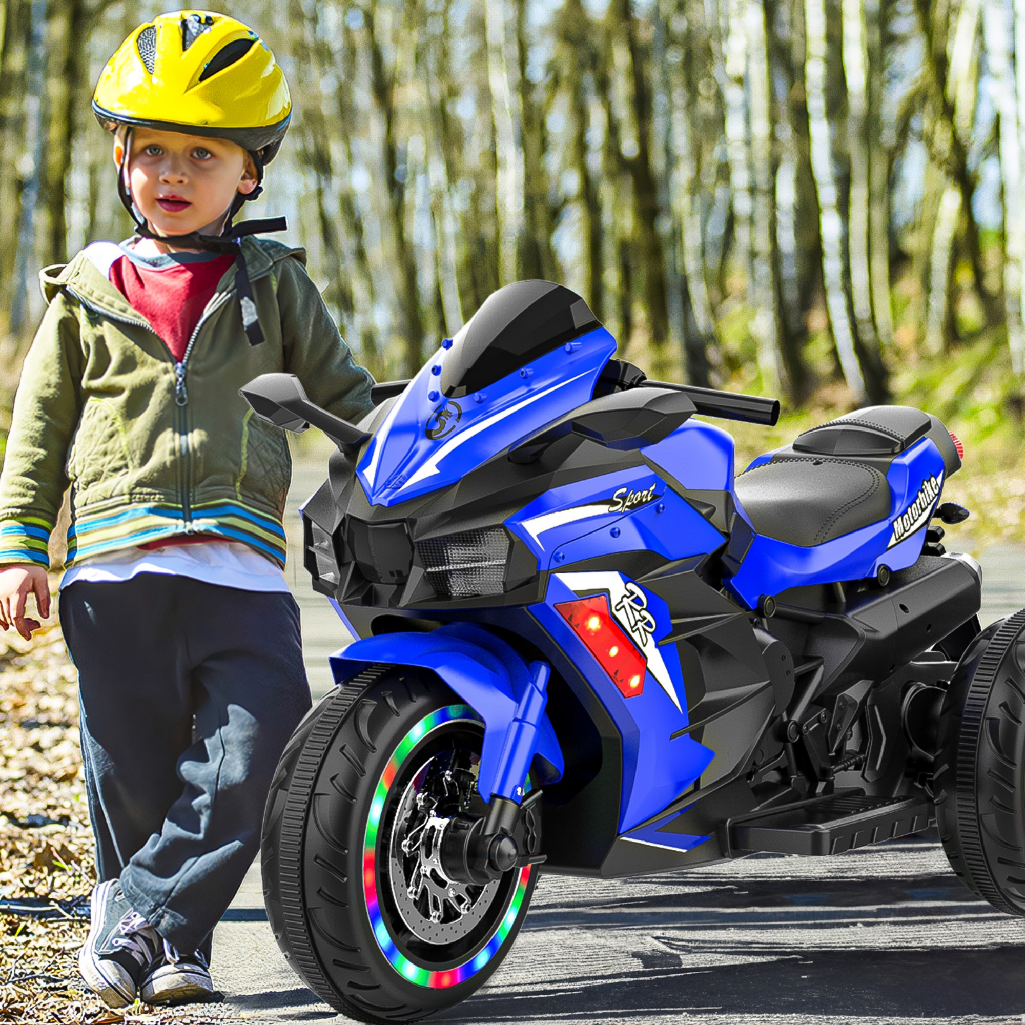 12V Electric Motorcycle for Kids 3-5 Years Old, 4 MPH Top Speed, LED Lights, Bluetooth Music, Battery Powered, Blue