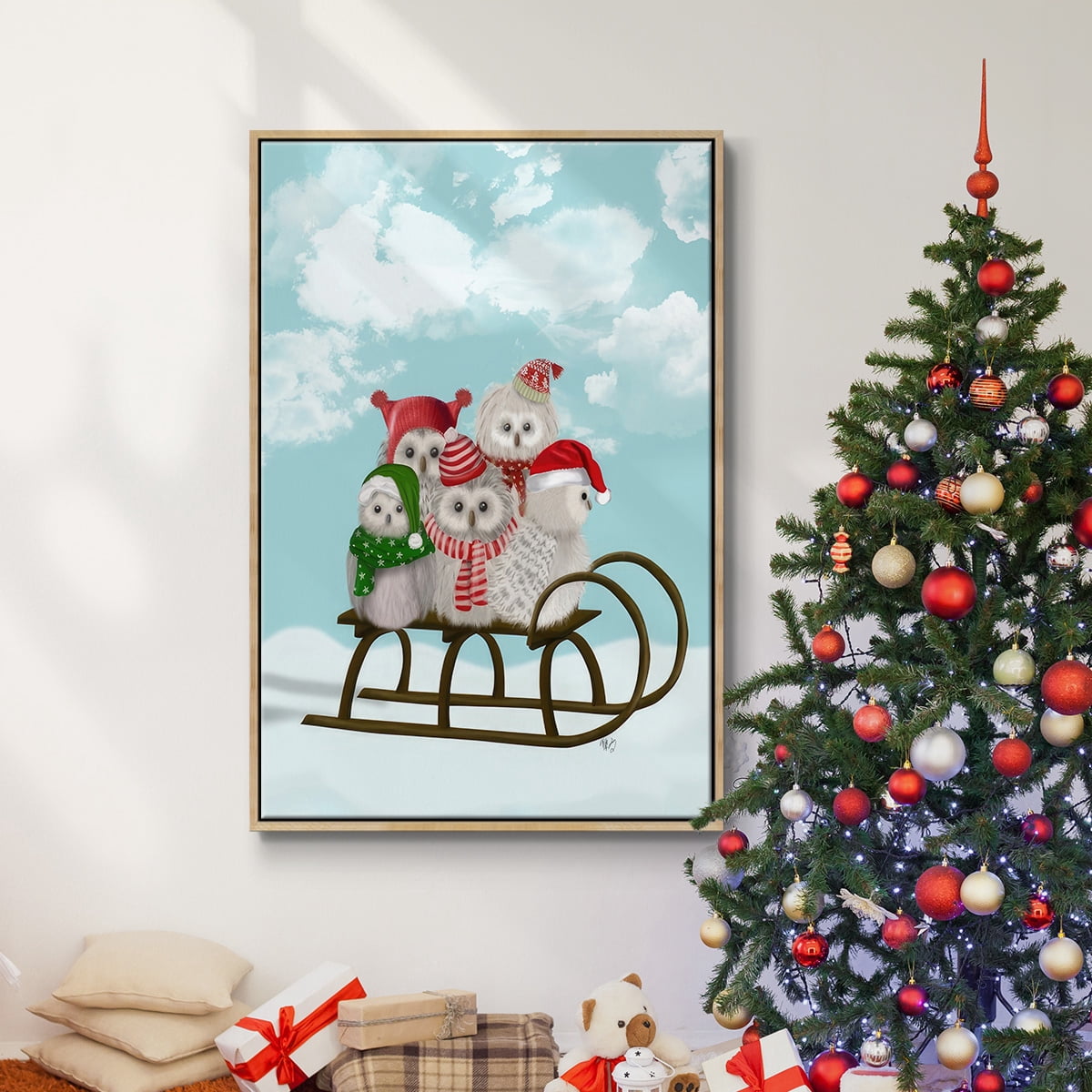 Christmas Christmas Owl Sled - Framed Gallery Wrapped Holiday Canvas - 25 x 37 - Natural Wood Frame
