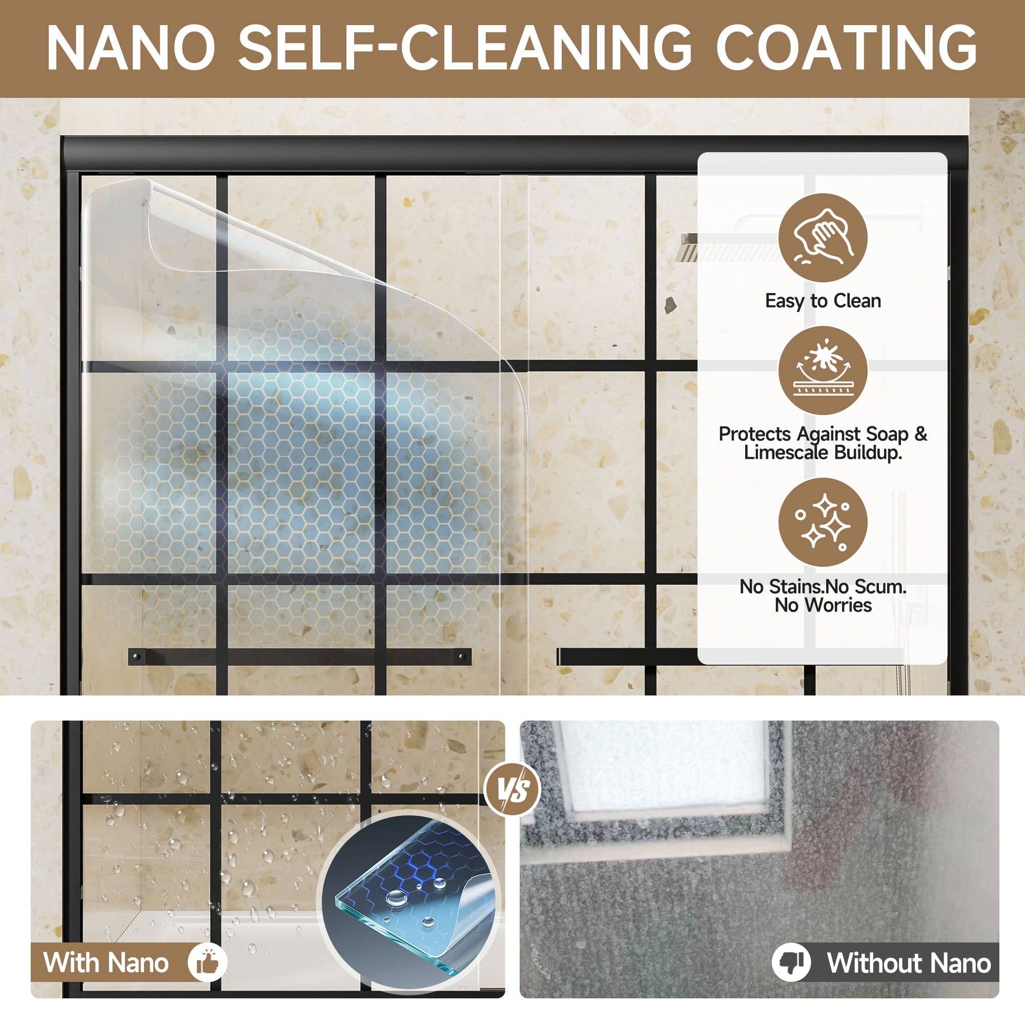 MAYEERTY Double Sliding Shower Door, Matte Black Aluminum Frame, 1/4" Tempered Glass with Nano Self-Cleaning Coating, Waterproof & Reversible Installation