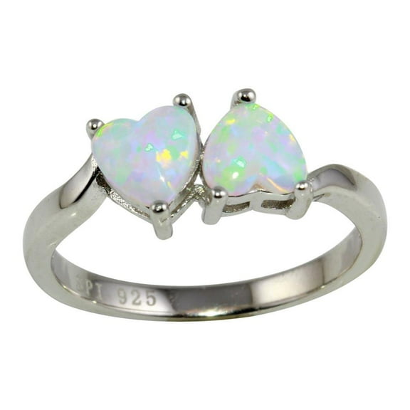 Rhodium Plated 925 Sterling Silver Two Heart Ring White Simulated Opal Band CZ Female Size 5