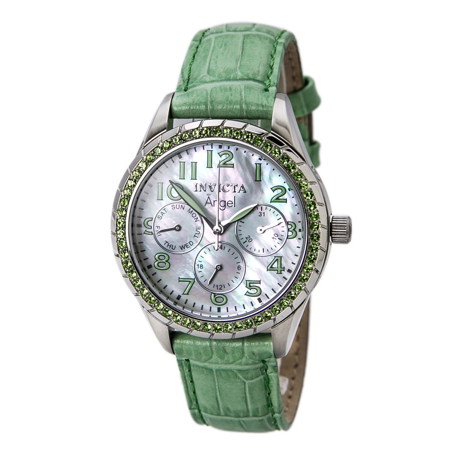 Invicta 12605 Women's Angel Crystal Accent Bezel Green Leather Strap Mother of Pearl Dial Watch