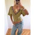 thumbnail image 6 of Gynyvoja Women'S Reversible V-Neck Short Sleeve Striped Fitted Cropped T-Shirt Yellow S, 6 of 9