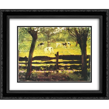 Willow Border - Piet Mondrian 2x Matted 24x20 Black Ornate Framed Art Print 'Calves in a Field Bordered by Willow Trees'