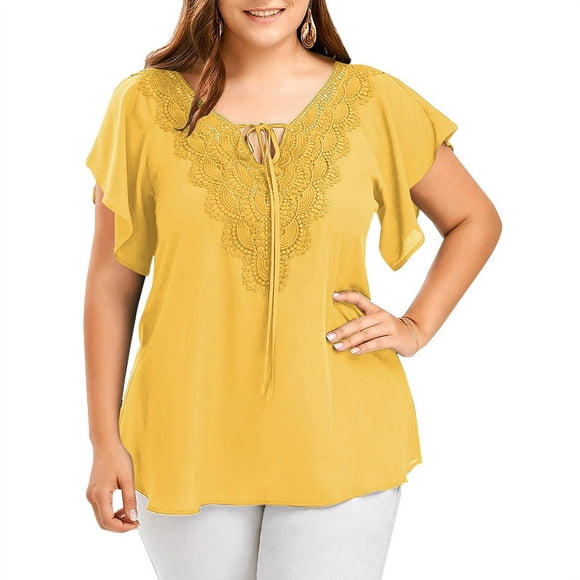 Women Oversize T-shirt V-neck Short Ruffled Sleeves Lace Hem Loose Style Tops XL-XXXXXL