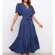 thumbnail image 3 of Vestido maxi de mujer de verano de manga corta casual vintage vestido cruzado con cuello en V profundo y cintura con lazo vestido formal azul oscuro L, 3 of 6