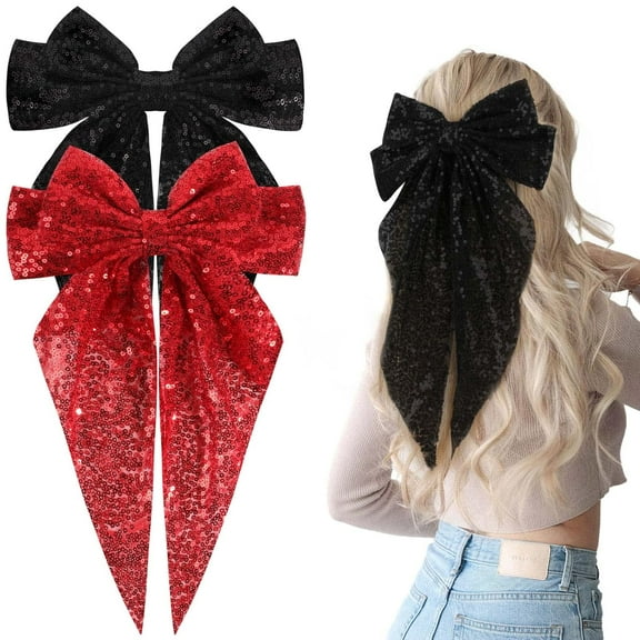 2Pcs Glitter Layered Hair Bows for Women Girls Barrette Hair Clip Sparkly Large Long Bows Style Hair Accessories