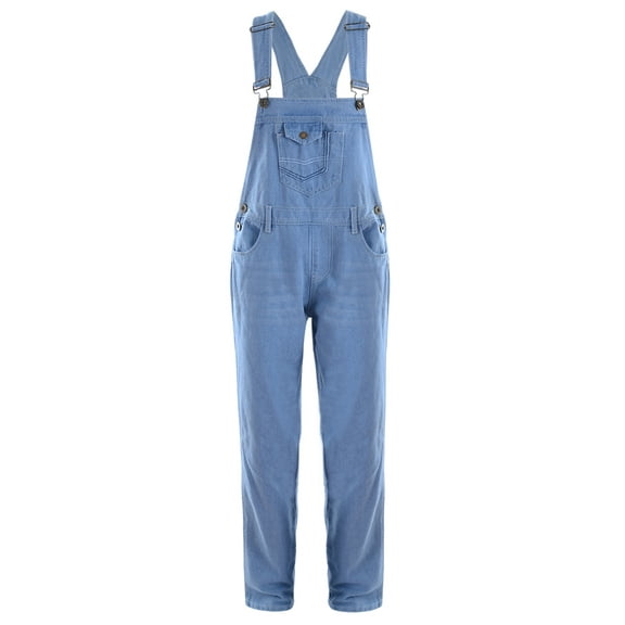 Fashion Womens Casual Light Blue Denim Jean Straight Leg Distressed Pocket Bib Overalls