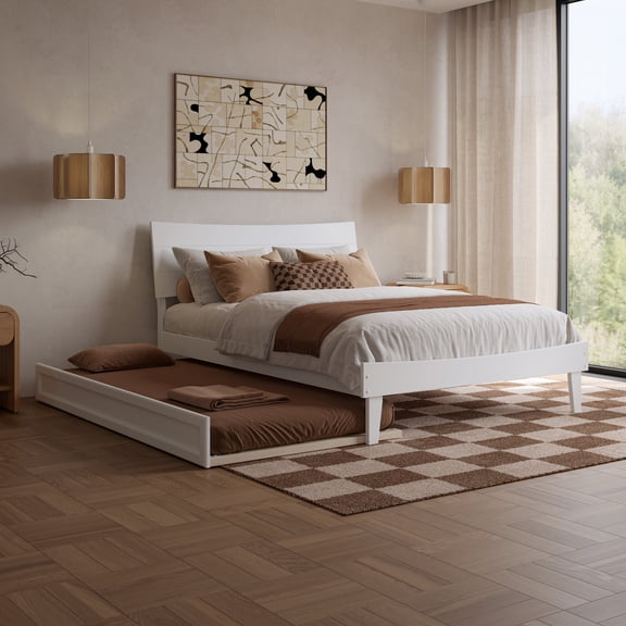 Phoenix Full Size Solid Wood Platform Bed with Twin Trundle in White