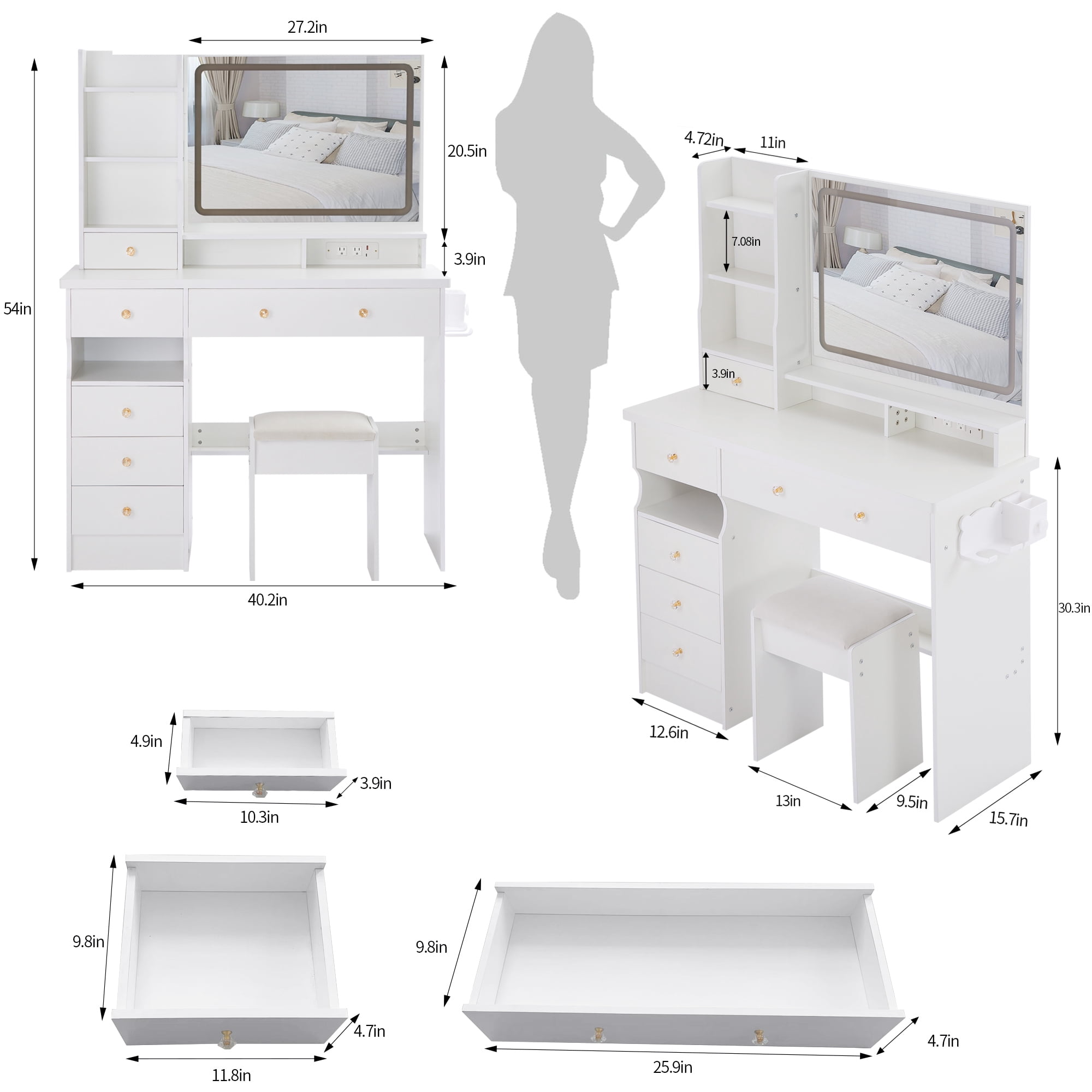 Large Size Left Bedside Cabinet Vanity Table+Cushioned Stool Dresser Set