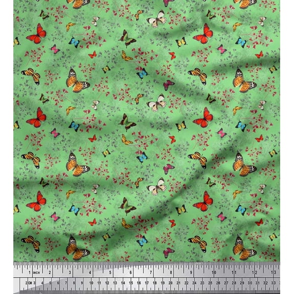 Soimoi Green Cotton Cambric Fabric Flower & Butterfly Printed Fabric 1 Yard 56 Inch Wide