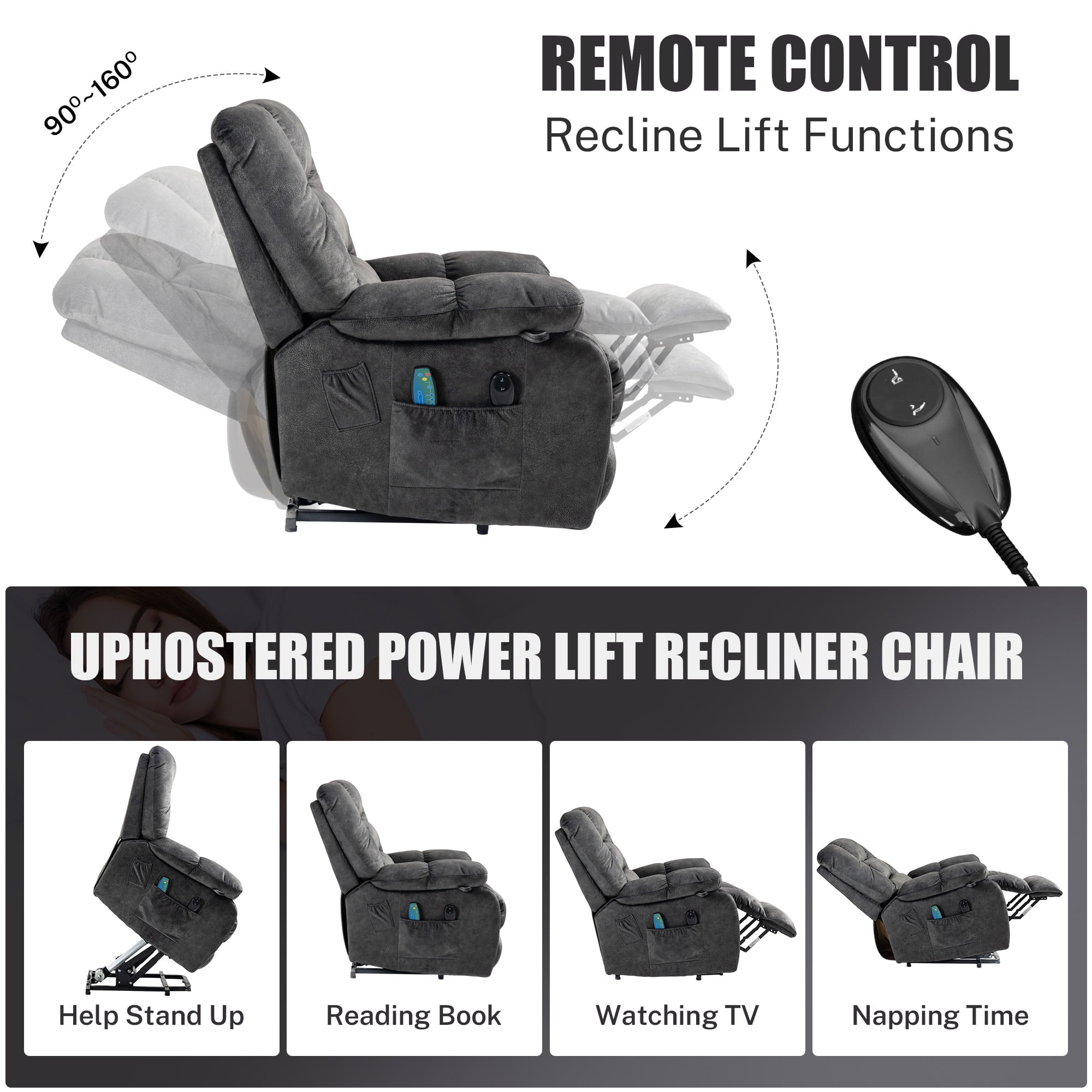 PAPROOS Recliner Chair, Electric Power Lift Recliner with Heat Therapy and Massage Function, Large Size Lift Chair with Remote and Side Pocket, Oversized Power Reclining Sofa, Gray Blue