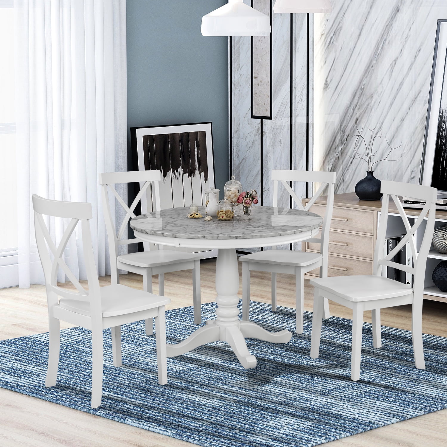 Round Dining Table And Chair Set, White And Grey Round Dining Table Set