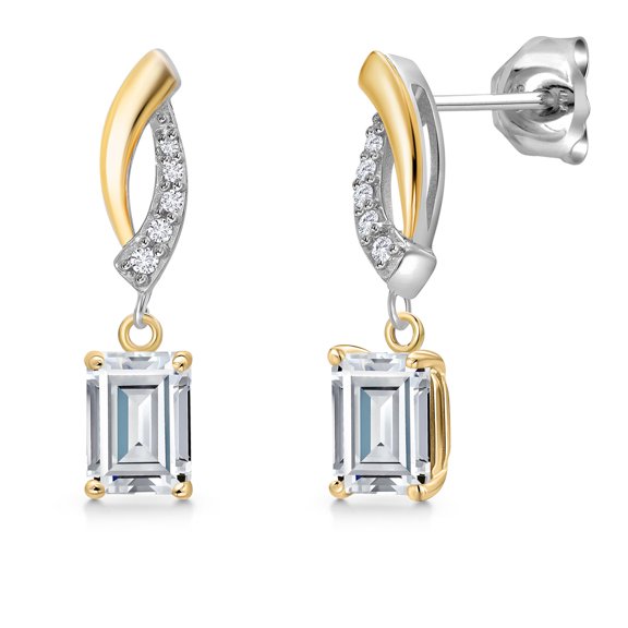 Gem Stone King 925 Silver and 10K Yellow Gold Moissanite and White Lab Grown Diamond Dangle Earrings for Women | 1.21 Cttw | Gemstone Birthstone | Emerald Cut 6X4MM