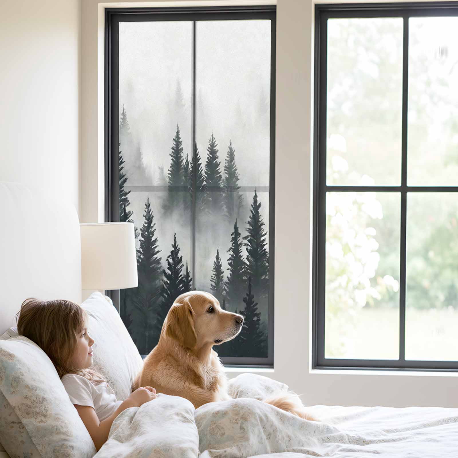 Black Forest Window Privacy Film, Misty Pine Trees Foggy Black Trees Frosted Glass Window Clings Static Cling UV Heat Blocking Reusable Door Sticker for Bathroom 23.6 x 59 Inch