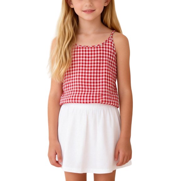 Plaid Tank Top for Girls Linen Spaghetti Strap Sleeveless Camisole Shirts Casual Travel Vacation Loose Summer Tanks Red 9 Years