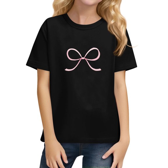 XADYUY Girls Tshirts 8-10 Years Old Crewneck Bownot Tshirt Loose Short Sleeve Girls Shirts Summer Dressy Cotton Tops,Black,7-8Years