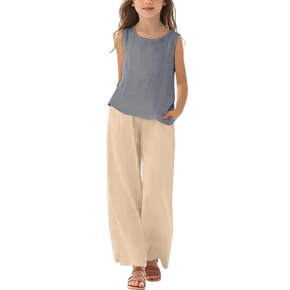 XXWXYD Girls Linen Pants Set Two Piece Summer Casual Beach Vacation Outfits Sleeveless Tank Top Wide Leg Business Clothes Toddler Girl Vacation Outfits