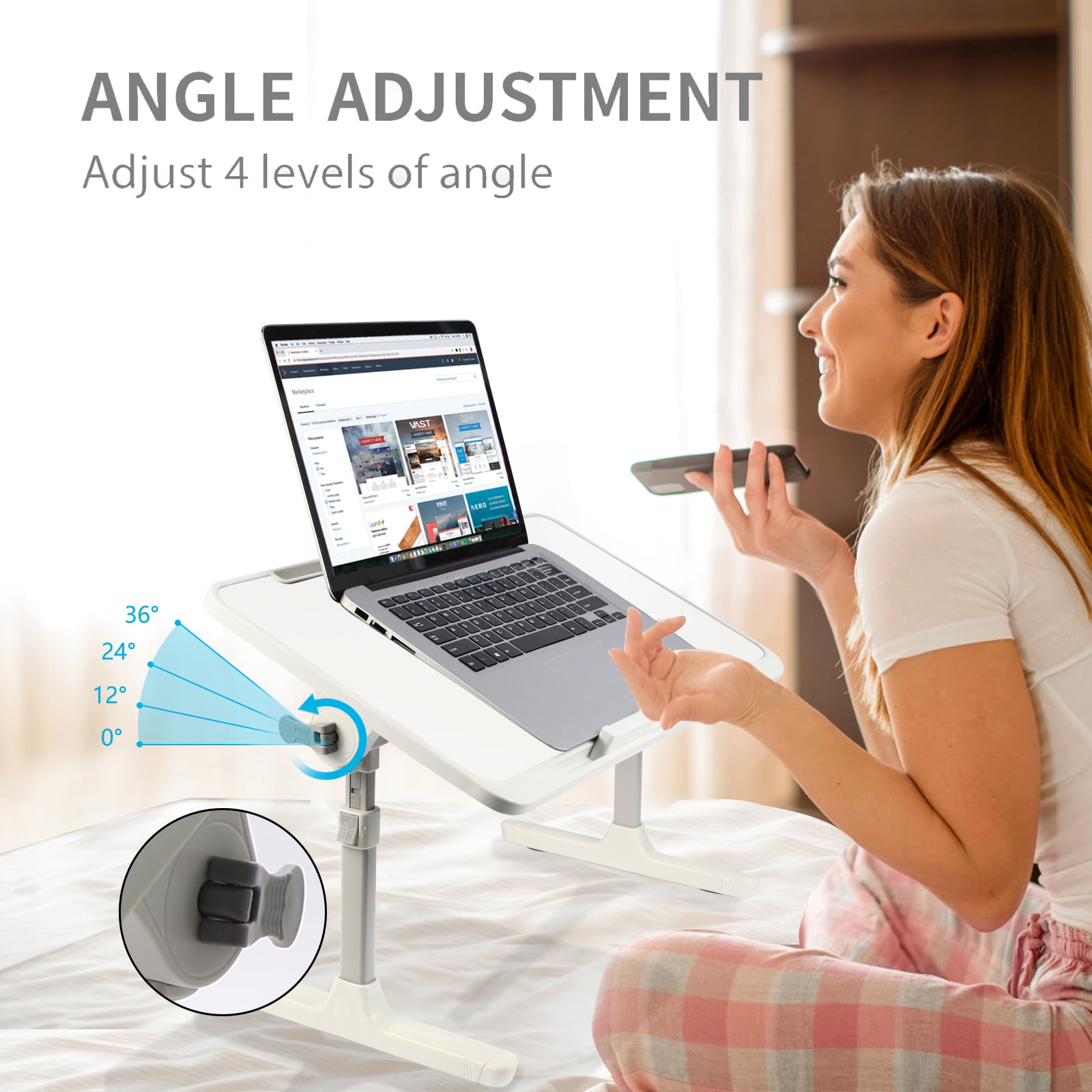 PHANCIR Height & Angle Adjustable Lap Desk, Laptop Stand Bed Tray, Foldable Laptop Desk with Storage Drawer, White