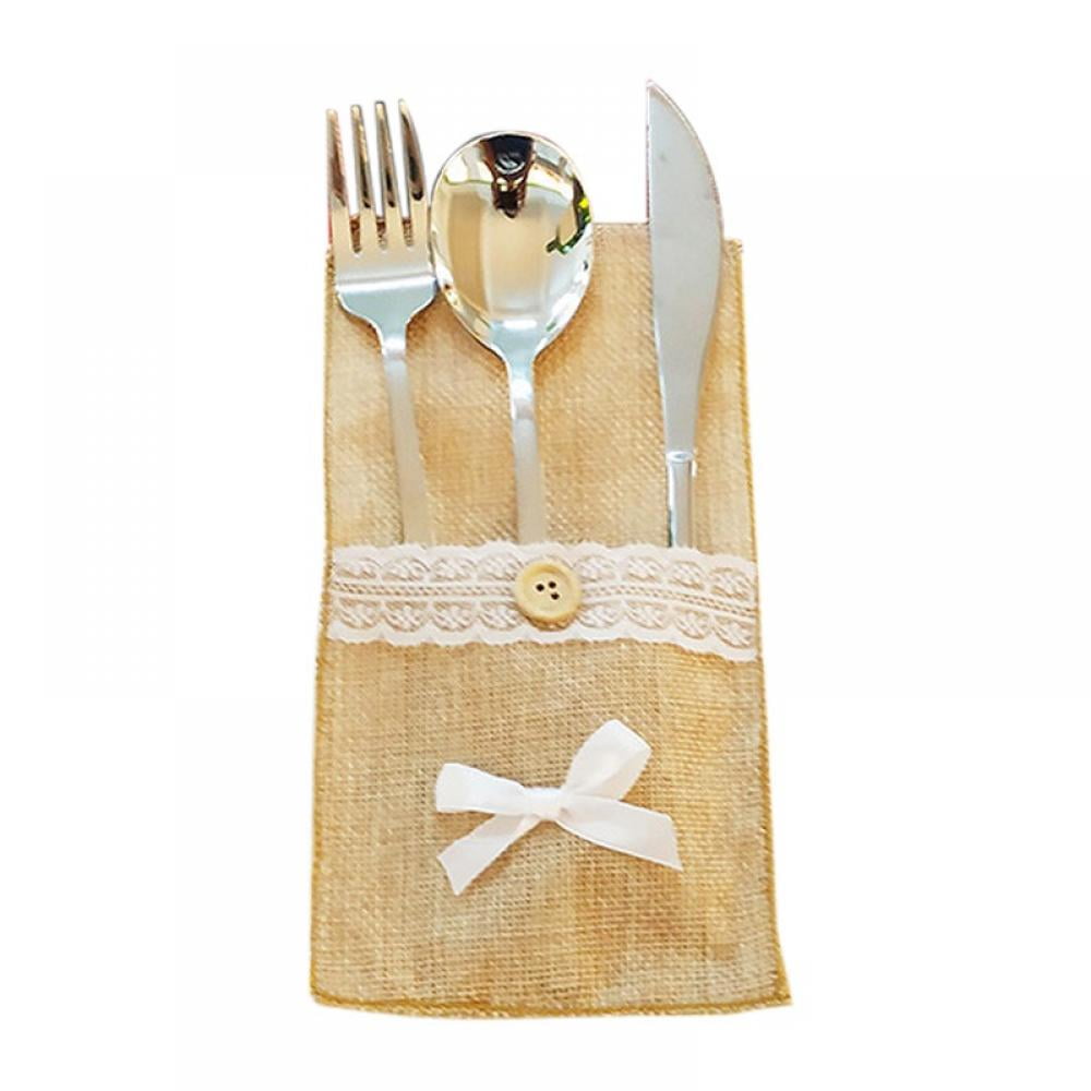 40 PCS Natural Burlap Utensil Holders Knifes Forks Bag Cutlery Bag Cutlery Holder Burlap Lace Hessian Rustic Country for Wedding Festival Event Table Decoration