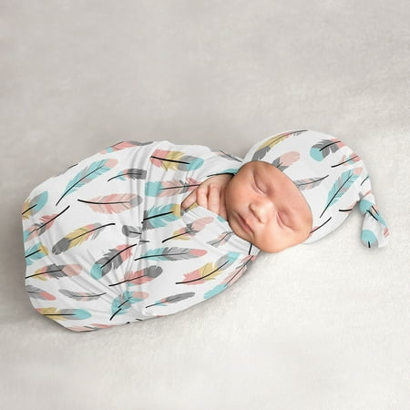 UPC: 0846480088417 | Feather Turquoise and Coral Baby Cocoon and Beanie Hat Sleep Sack Set by Sweet JoJo Designs