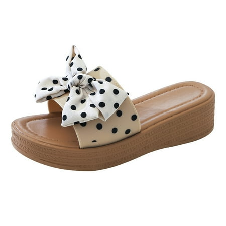 

ZIZOCWA Thick Bottom Wedges Slippers Women Boho Style Polka Dot Print Bow Open Toe Sandals Fashion Platform Sweet Heart Flip Flops Beach Beige Size7