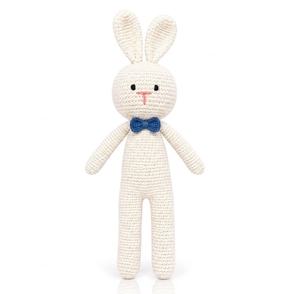 Handmade Crochet Bunny Doll, Knitted Rabbit Plush Character with Bow Tie, Artisan Decorative Collectible and Gift Accent