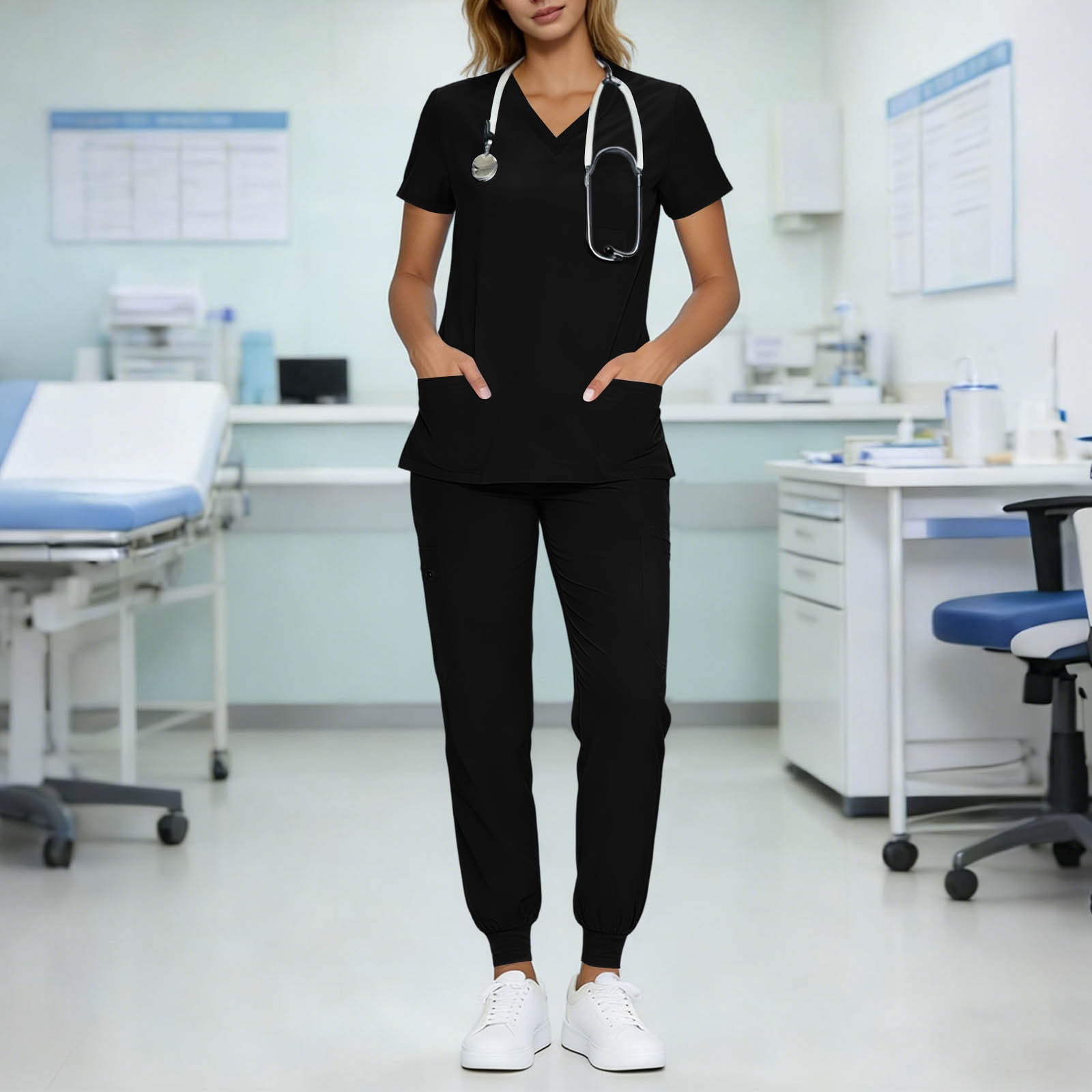 Scrubs for Women Set V-Neck Scrub Top Stretch Jogger Pants Stretchy Scrub Set Womens Workwear Nursing Uniform