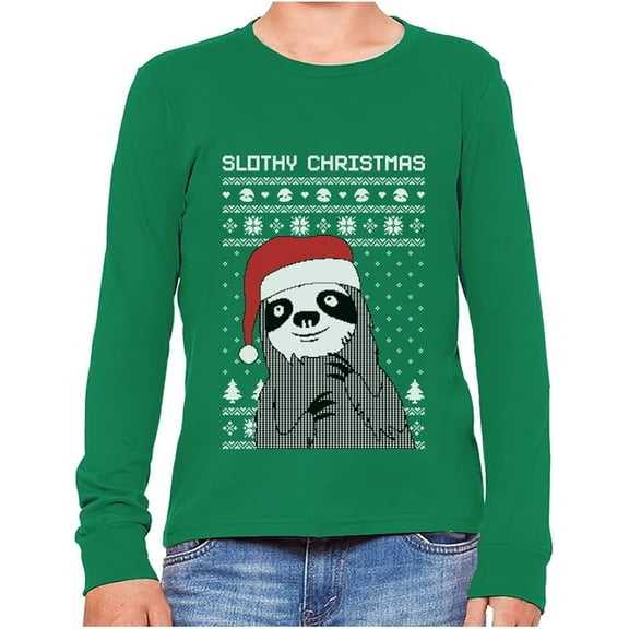 Slothy Ugly Christmas Kids T-Shirt Sloth Long Sleeve Medium Green