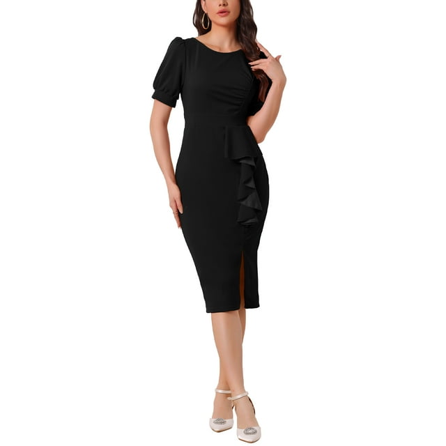 INSPIRE CHIC Vestido midi bodycon de manga abullonada para mujer, vestido de cóctel de verano, vestido para trabajar en negro M