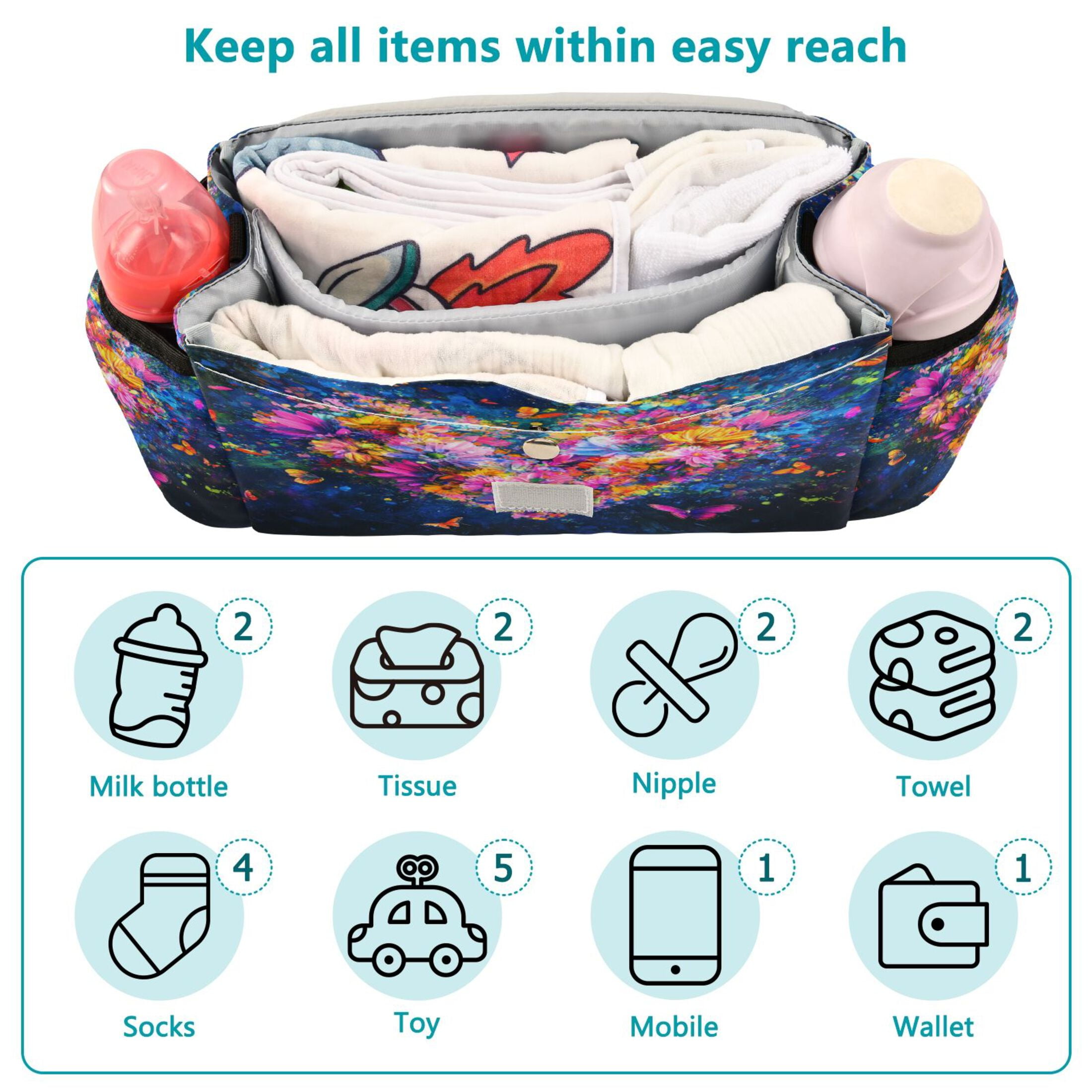 DIXRUYEE Stroller Organizer Heartfelt Blooms Printed